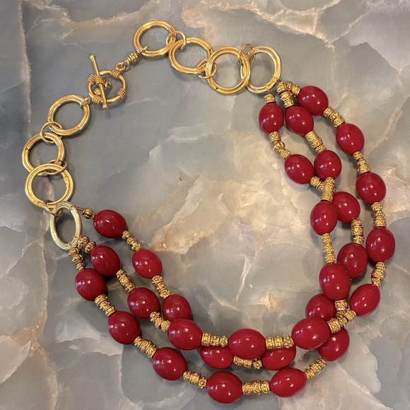 Handmade Red Coral and 14k Gold Triple Strand Choker Length...